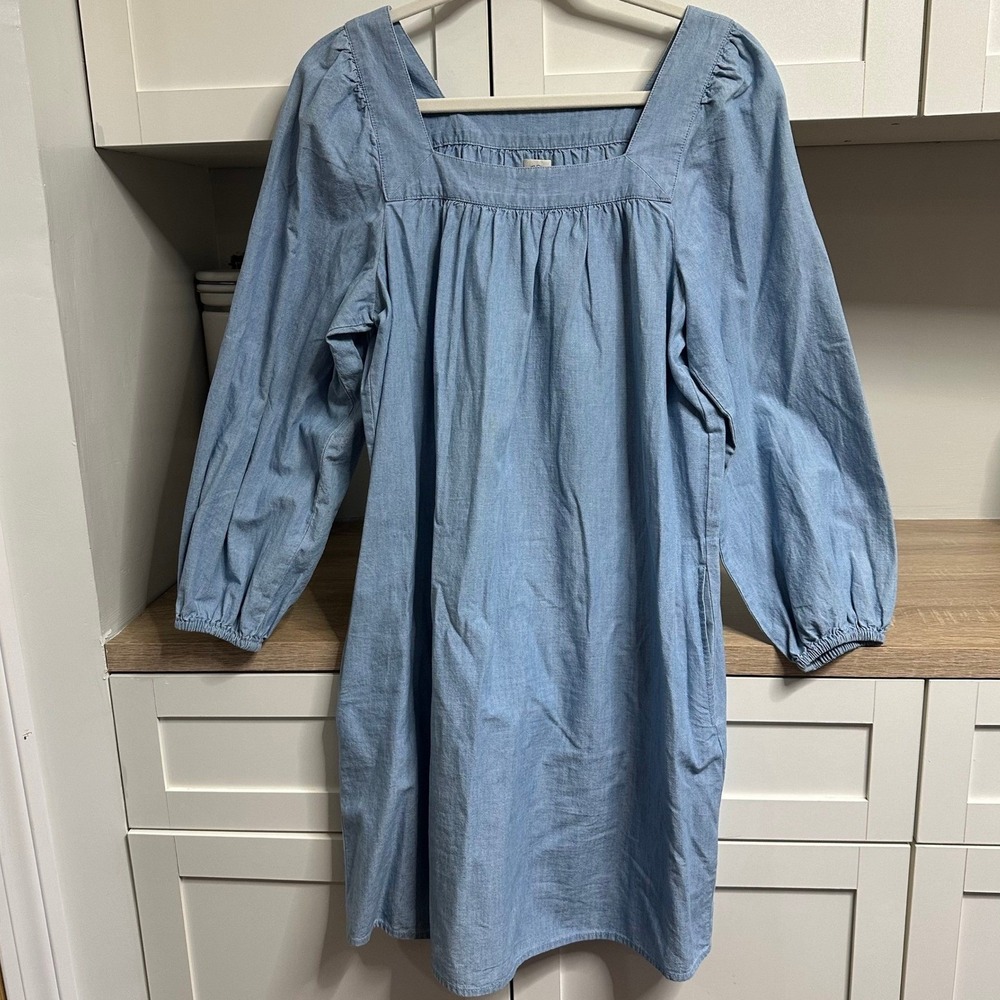 J.Crew SquareNeck Chambray Shift‎ Dress Womens Medium Blue Mini Pockets Coastal